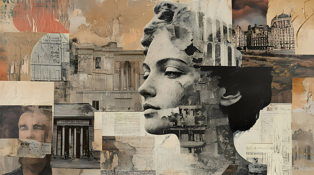 Chronological palimpsest displaying multiple eras simultaneously in vintage textural collage. Archaic. Illustration