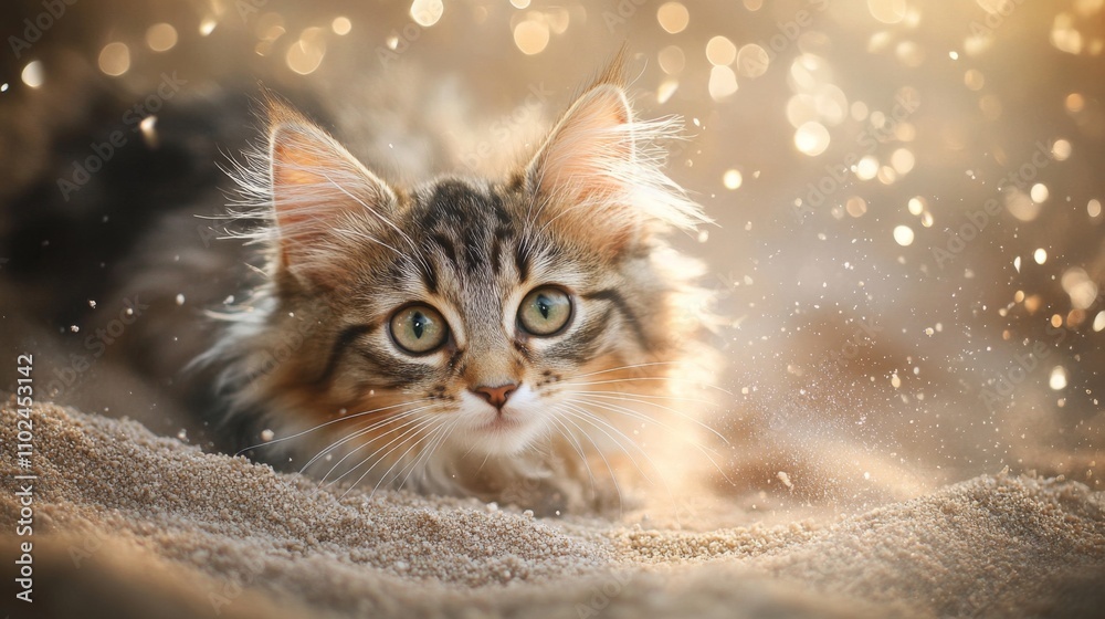 Poster playful cat surrounded by sparkling dust in a dreamy environment