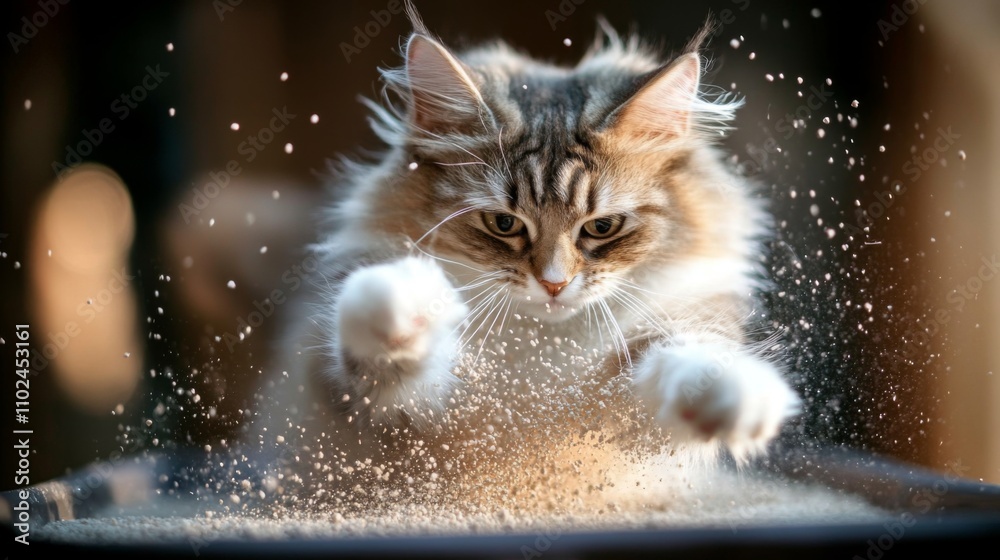 Poster playful cat jumping and playing in a dusty environment