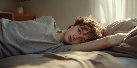 Sad Teenager Lying in Bed, Sunlit Bedroom