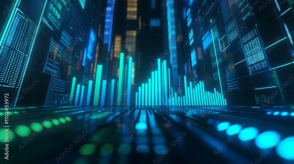 Fototapete futuristic data visualization with neon bars and digital patterns