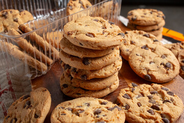 A view of some commercially-made chocolate chip cookies.