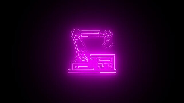 Glowing neon robotic icon isolated on black background. HD Video motion graphic animation