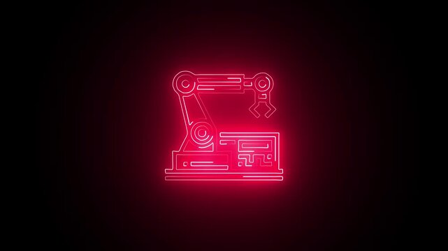 Glowing neon robotic icon isolated on black background. HD Video motion graphic animation