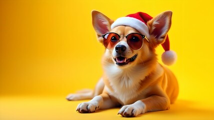 Happy New Year banner, dog in Santa hat and sunglasses on yellow background