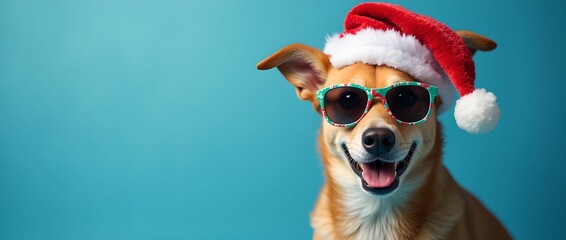 Happy New Year banner, dog in Santa hat and sunglasses on blue background