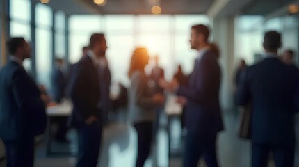A blurred networking event with business professionals in formal attire, gathered in a modern office or event space, group engaging in conversation meeting of businesspeople corporate working success