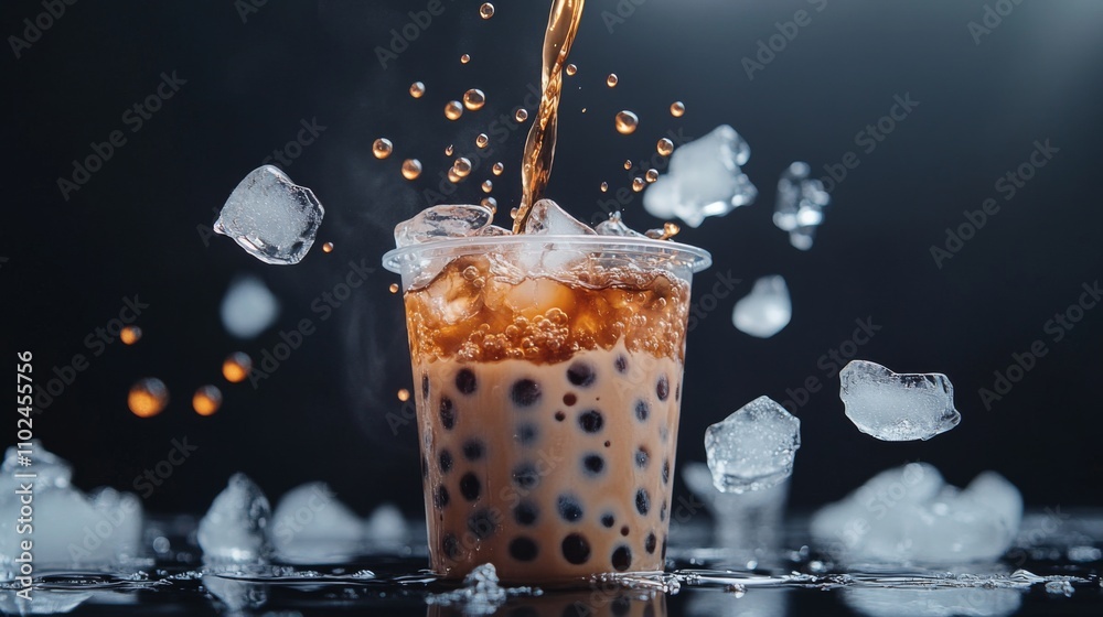 Poster Refreshing Bubble Tea with Ice and Bubbles in a Clear Cup