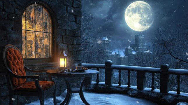 Glowing lamp on balcony table under full moon with magical fantasy cityscape view  
Seamless looping 4k time-lapse virtual video animation Generated AI
