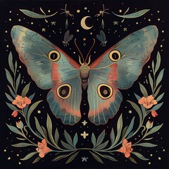 Moth, butterfly in vintage style on a background of flowers. On dark background. Romantic and mystical atmosphere.