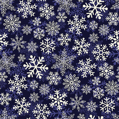 Small different white and purple snowflakes isolated on dark blue background. Cute seamless pattern. Vector simple flat graphic illustration. Texture.