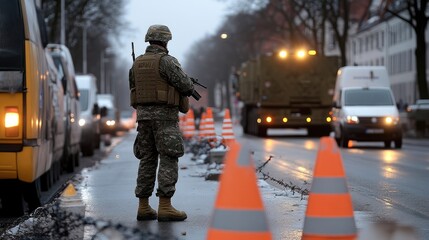 A German officer in camouflage guards an industrial area with barbed wire, traffic cones, and military vehicles nearby