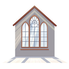 Gothic Revival Chapel Window: A plain glass window with pointed arches and minimal detailing, isolated on transparent background, cut out, png, cartoon illustration