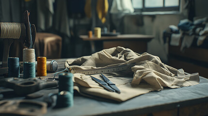 Tailoring Workshop  Fabric  Threads  Scissors  and Measuring Tape