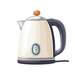 A whimsical, cartoon illustration of a classic, cream-colored electric kettle with a temperature gauge, isolated on transparent background, cut out, png, cartoon illustration