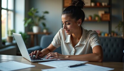 Fototapeta premium woman is focused on her laptop while sitting at a wooden desk surrounded by papers and plants in a warm, inviting home office during daytime