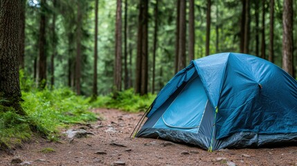 The camping tent stands on a dirt path surrounded by towering trees and vibrant greenery, offering a tranquil retreat in nature on a sunny afternoon