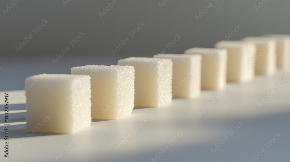 Poster Refined sugar cubes are lined up in a row on a white surface, creating a long shadow, symbolizing the potential negative health effects of excessive sugar consumption