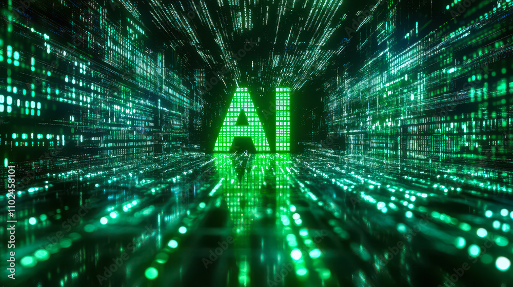 Poster digital green matrix binary code forming ai symbol: futuristic artificial intelligence concept