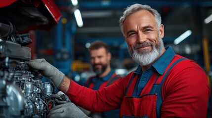 Two mechanics work diligently on an engine in a well-lit workshop. One mechanic smiles proudly while adjusting components, showcasing teamwork and dedication to their craft