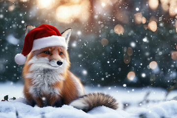 Fox in santa hat on snowy christmas forest background