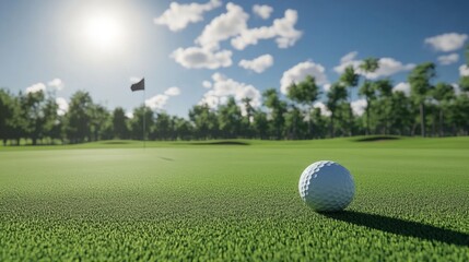 Close-Up View of Golf Ball on Lush Green Grass Under Sunny Sky