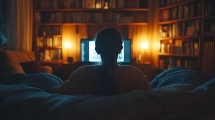 person sits on a soft couch surrounded by blankets, enjoying a film at night. cozy living room features bookshelves and warm lamps that create a relaxed atmosphere