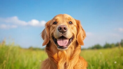 Obraz premium golden retriever displays a joyful expression while sitting in a vibrant green field. bright blue sky above and gentle clouds enhance the cheerful atmosphere