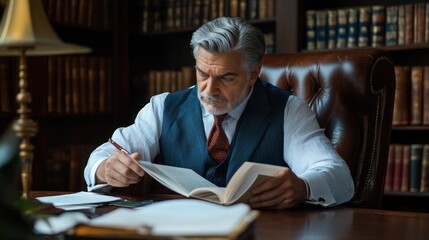 A distinguished man sits in a richly decorated library, carefully analyzing a book
