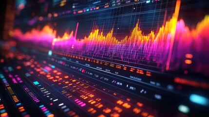 Vibrant graphs and waveforms emerge from the depths of data analysis, revealing intricate fluctuations and trends in a futuristic digital landscape
