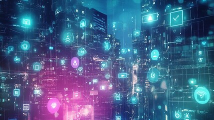 Futuristic Cityscape with Digital Icons and Neon Lights