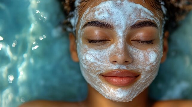woman enjoys a moment of relaxation with a facial mask while submerged in clear water. peaceful ambiance enhances her skincare ritual focused on self-care and rejuvenation