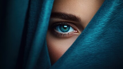 Naklejka premium woman partially covered by fabric reveals only her striking blue eye. soft texture of the fabric and her focused gaze create a captivating and mysterious mood