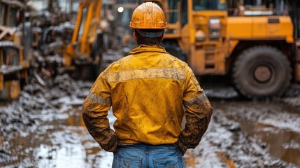 construction worker stands with hands on hips, looking over a muddy site filled with heavy machinery following recent rainfall. yellow jacket contrasts with the surrounding gray mud