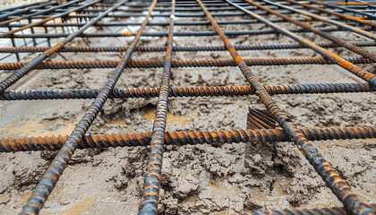Obraz premium Rebar texture. Reinforcement steel rod. Rusty rebar for concrete pouring. Steel reinforcement bars. Construction rebar steel work reinforcement. Closeup of Steel rebars