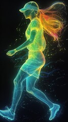 A spirited woman jogs gracefully, her colorful, glowing silhouette highlighting the connection between energy and movement, set against a dark background