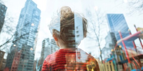 A Child Engaged in Play at a Vibrant City Playground Surrounded by Stunning Urban Reflection