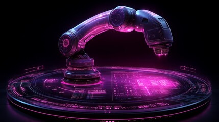 A sleek robotic arm shines with vibrant pink hues, surrounded by glowing circuits and holographic elements, embodying the essence of innovation and creativity