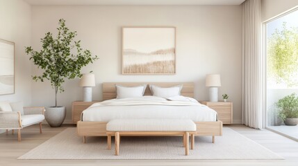 Fototapeta premium Organic modern bedroom featuring walnut furniture and light oak flooring in a serene, minimalist setting