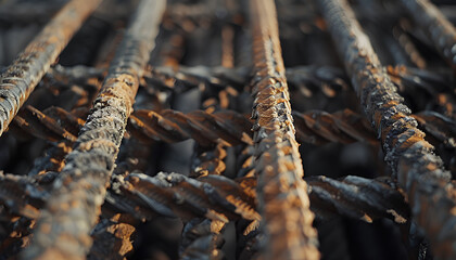 Rebar texture. Reinforcement steel rod. Rusty rebar for concrete pouring. Steel reinforcement bars. Construction rebar steel work reinforcement. Closeup of Steel rebars