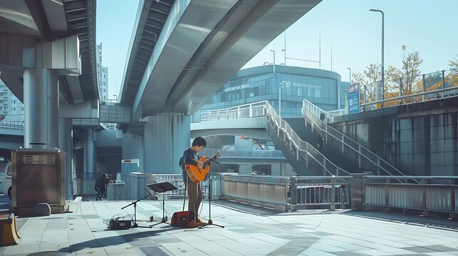 A street musician performing near a sleek bridge in an urban area