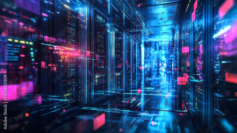 Aufkleber Exploring a futuristic digital tunnel filled with vibrant orange data streams during a high-tech journey in cyberspace