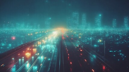 Fototapeta premium Futuristic Cityscape at Night with Rain and Neon Lights Effects