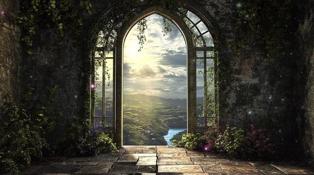 Scenic valley landscape viewed from a castle window room with historic ambiance  
Seamless looping 4k time-lapse virtual video animation Generated AI
