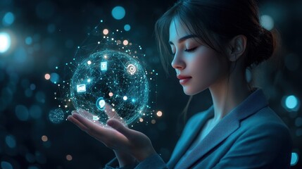 A woman is holding a glowing sphere in her hand. Generative AI
