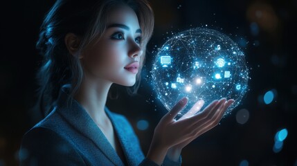 Naklejka premium A woman is holding a glowing sphere with many icons on it. Generative AI