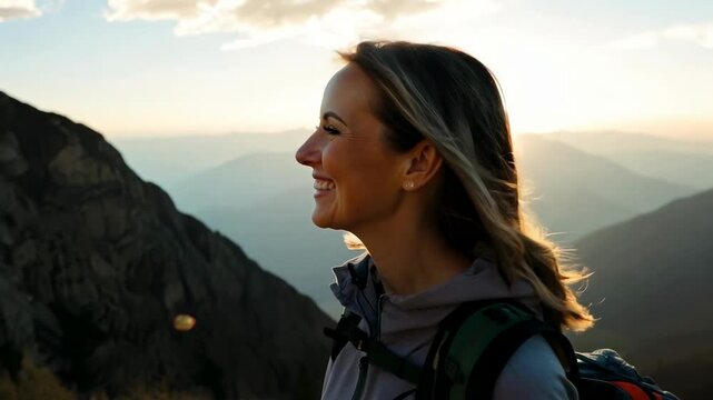 Smiling woman hiking in the mountains during a golden sunrise, with sunlight creating a warm and inspiring atmosphere, symbolizing adventure and joy 4K video