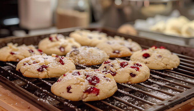 Dry cranberry and orange zest cookies close-up in a plate on the table