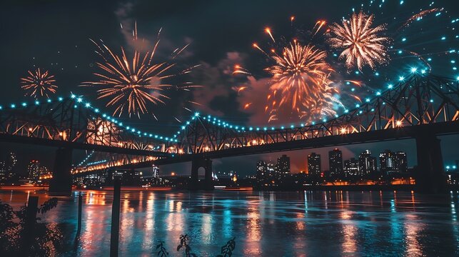 A stunning night view of a bridge with fireworks illuminating the sky