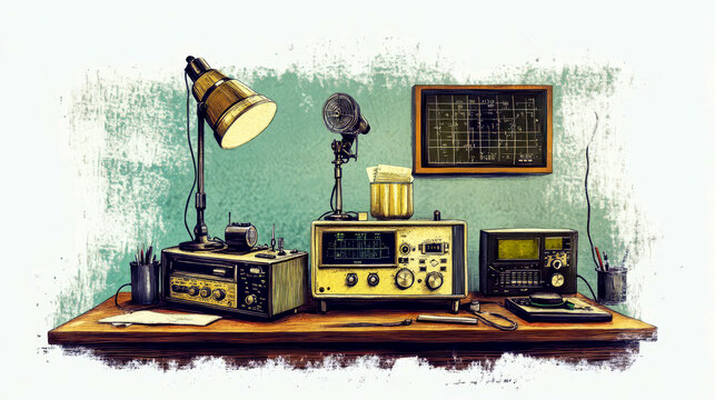 Amateur radio enthusiast setup with vintage equipment celebrating World radio day. Horizontal banner. Copy space. Vintage illustration